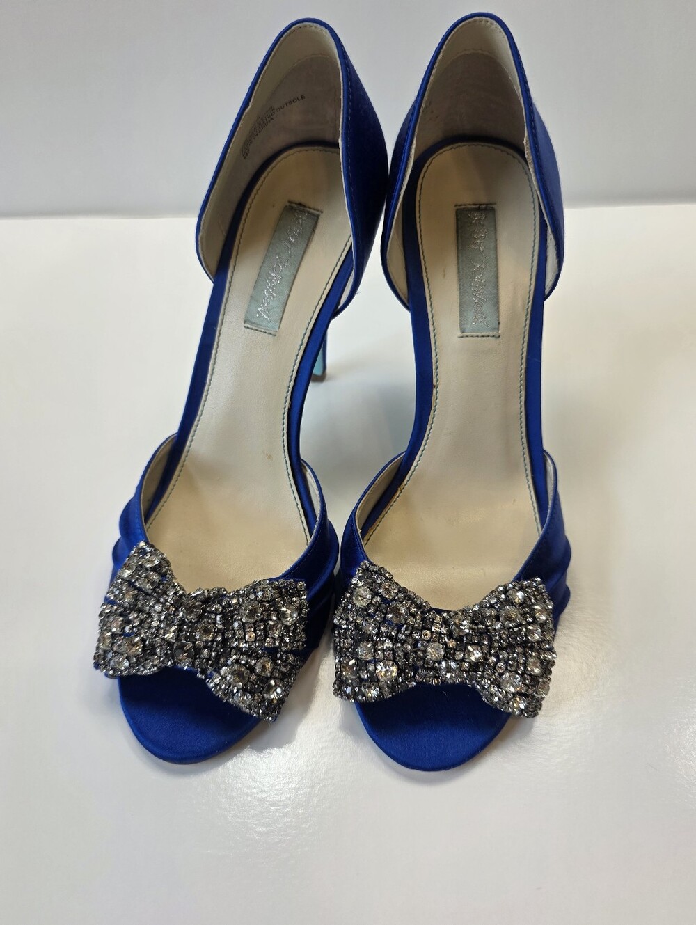 Betsey Johnson Blue Satin Rhinestone Bow Heels Size 8.5